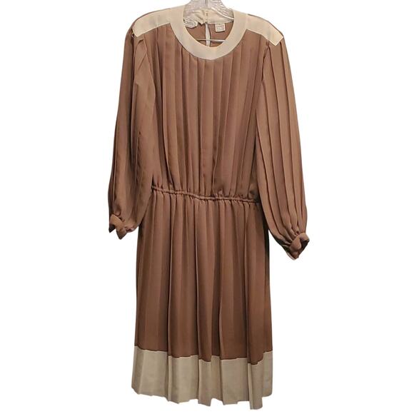 Liz Roberts Women's Tan & Cream Pleaded Elastic Waist Midi Retro Dress Size 14 - Picture 1 of 7